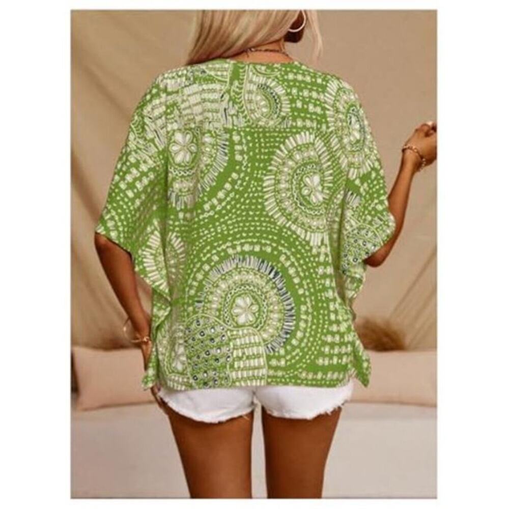 Women’s Green Boho V-Neck 3/4 Sleeve Blouse Vintage 70s Summer Top - Picture 3 of 12